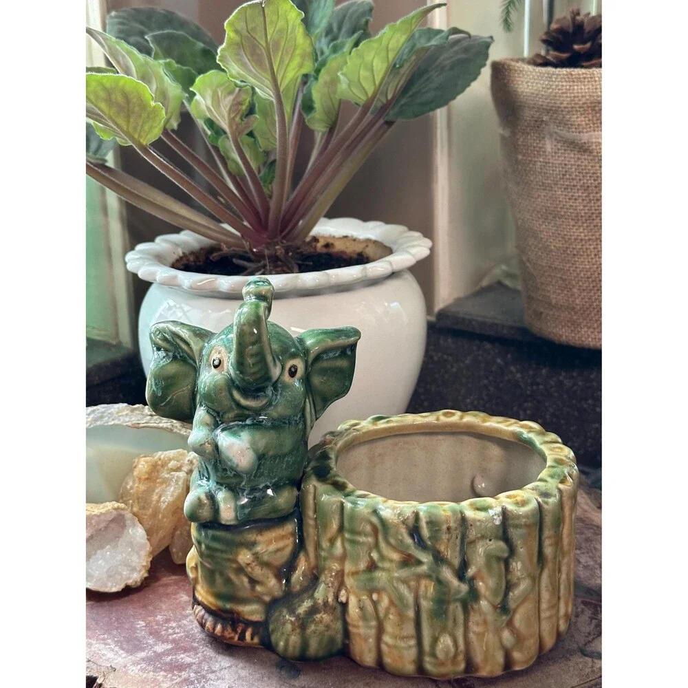 Vintage Ceramic Elephant Planter | Green Glazed Elephant & Bamboo Pot | Boho Jun